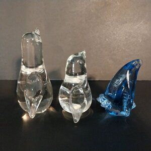 Penguin Glass Figurine Paperweight Vintage Lot of 3 Blue Clear